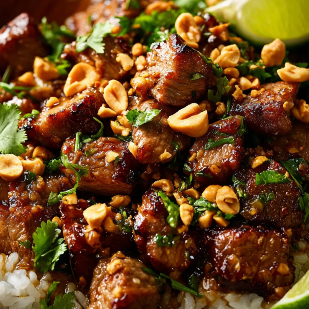 A plate with juicy pork, fluffy rice, and some peanuts on top.