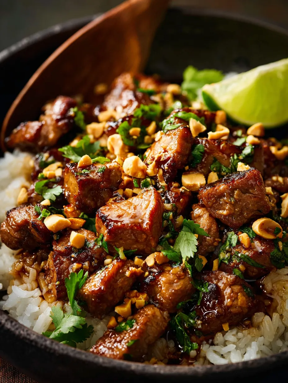 A bowl filled with savory pork and coconut rice.