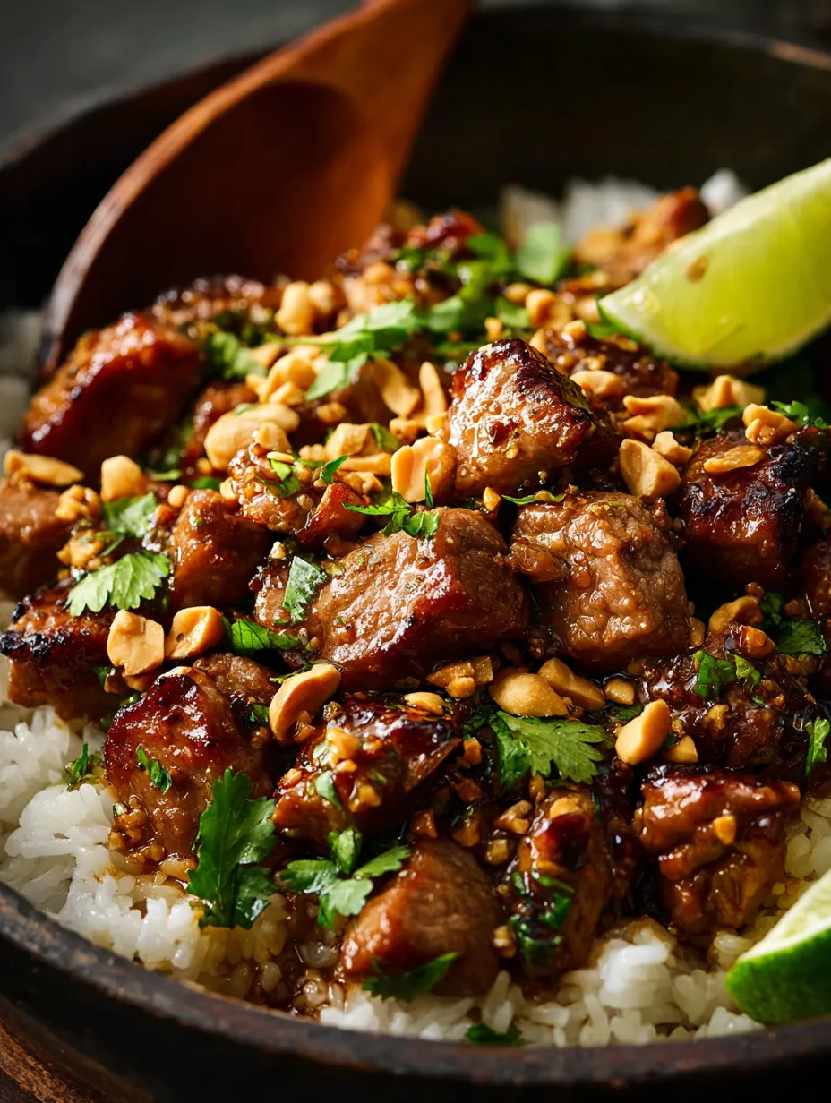 A bowl filled with pork, rice, and bright toppings, spoon resting inside.