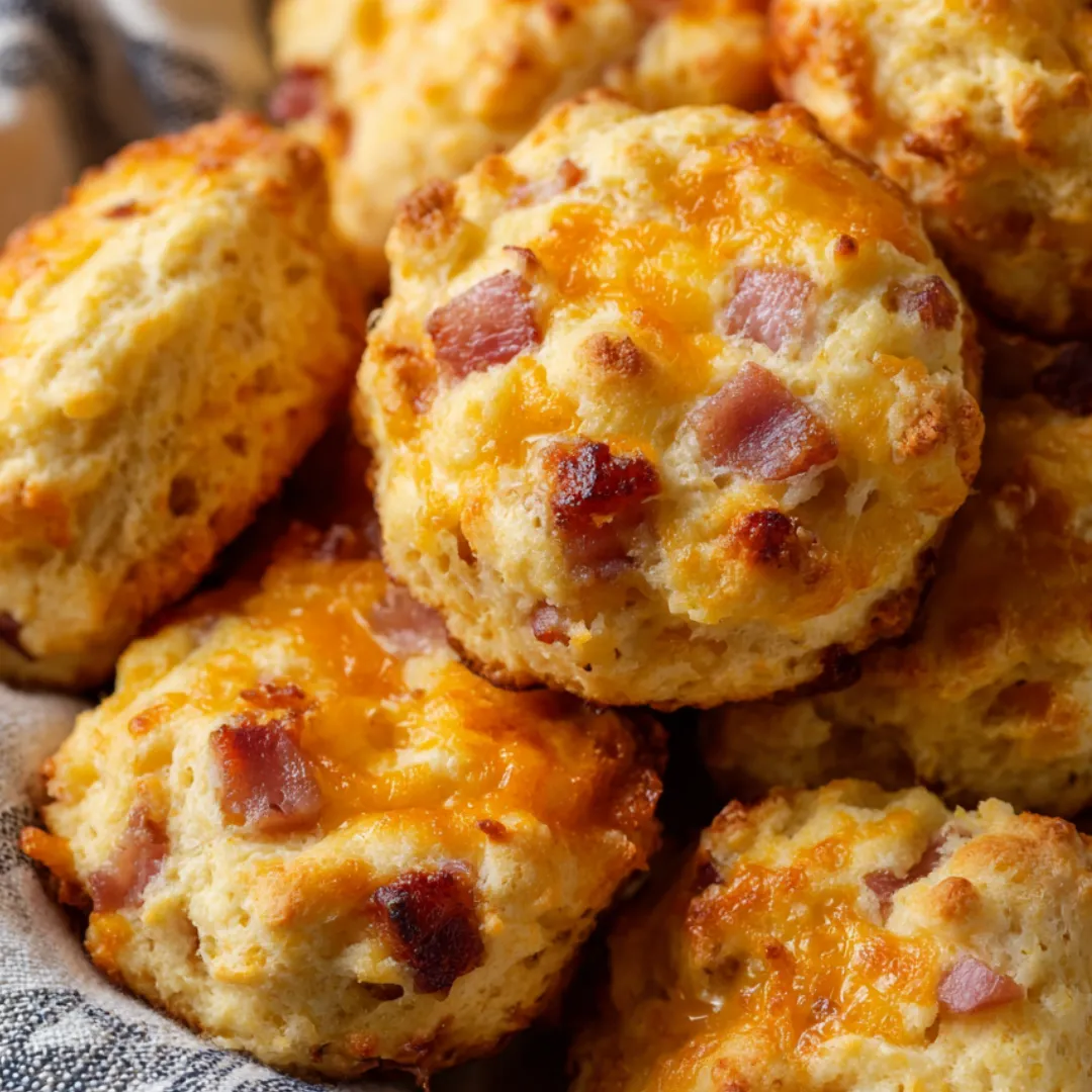 Bacon cheddar biscuits stacked.