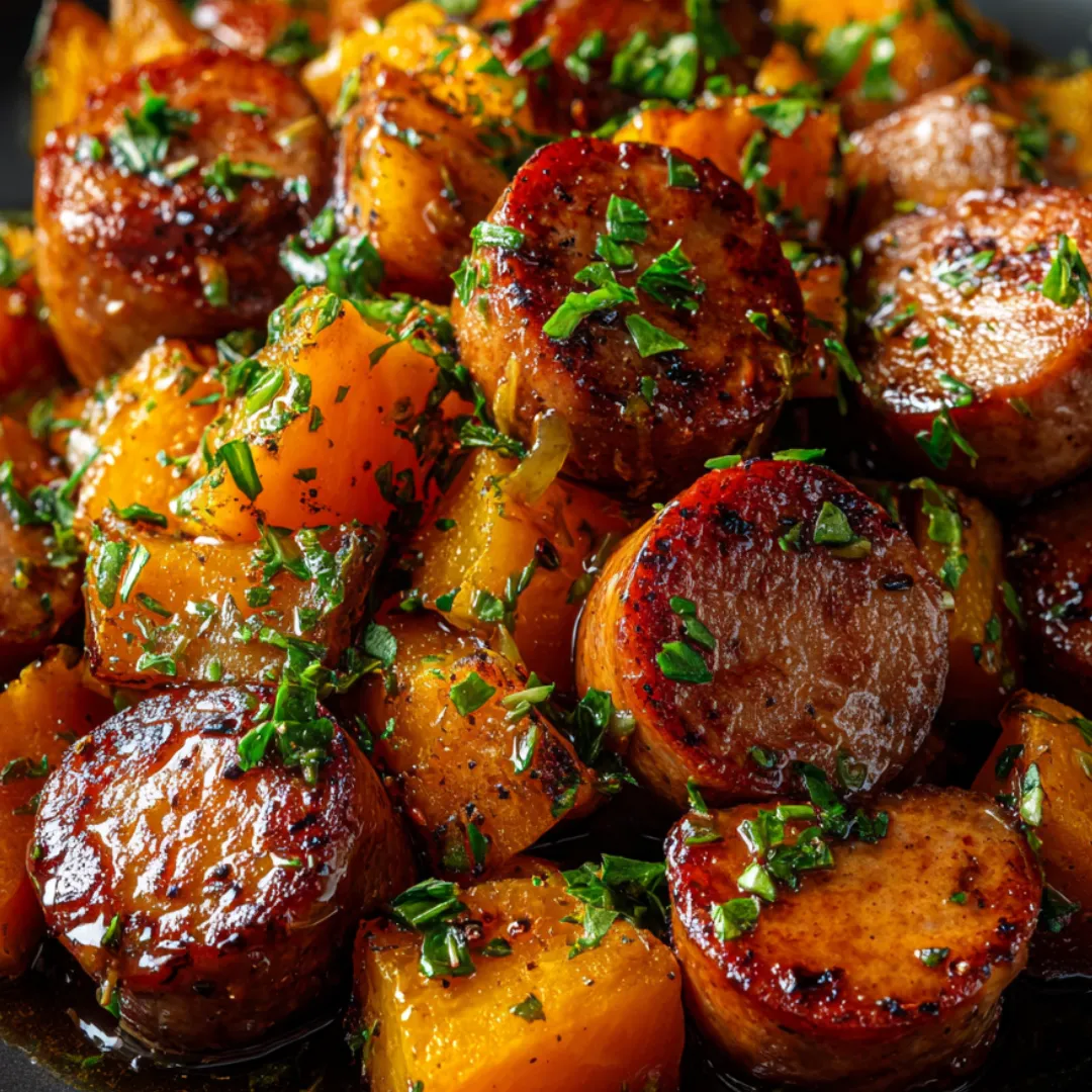 A plate holding sliced sausage with rounds of sweet potato.