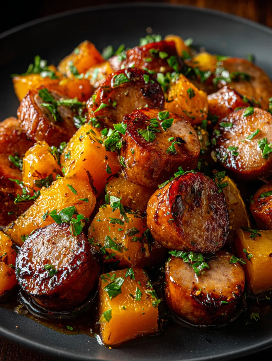 A plate loaded with sausage, sweet potatoes, and fresh parsley.