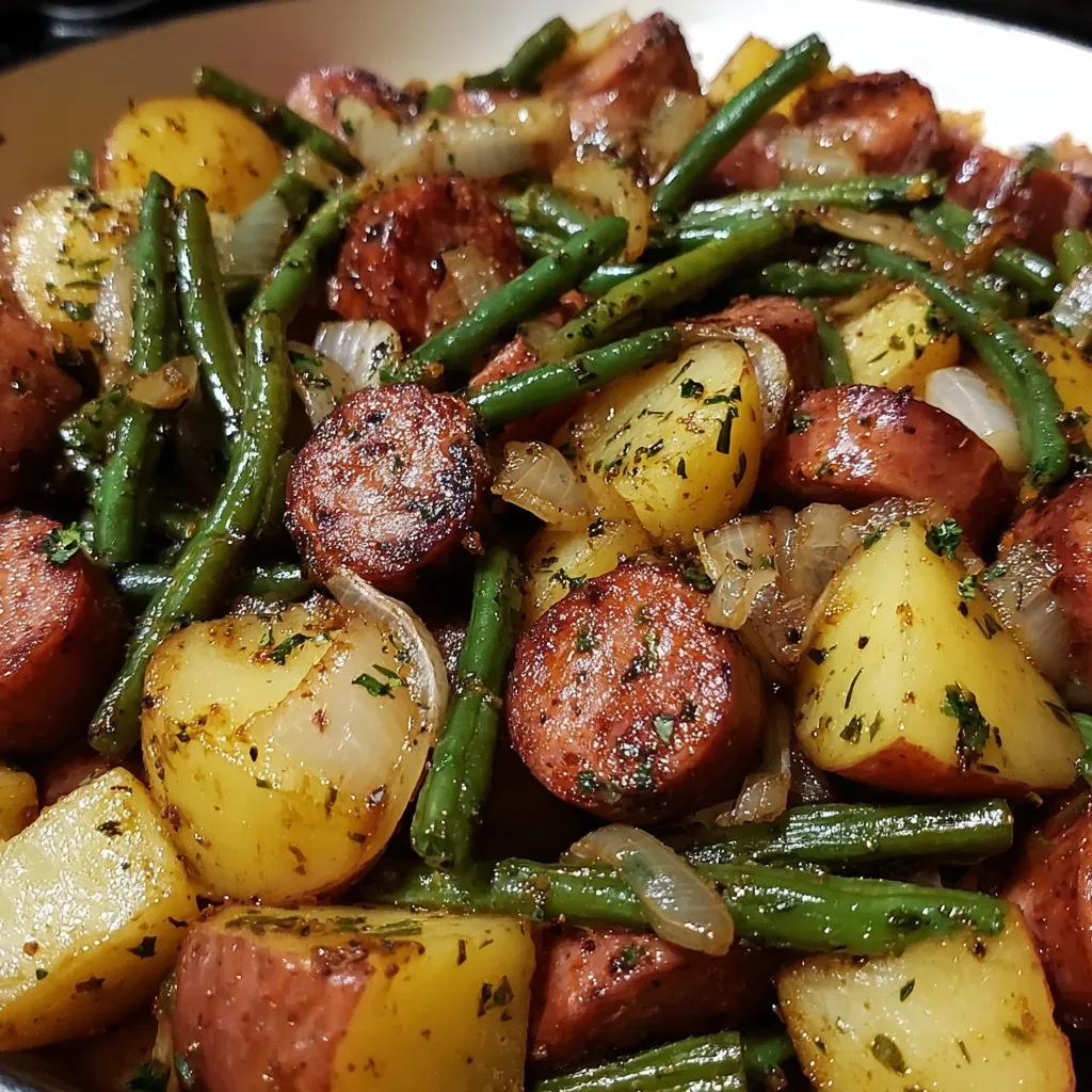 A bowl loaded with sausage, potatoes, and green beans.