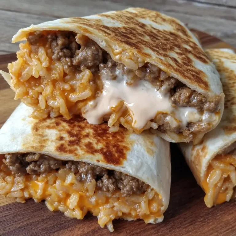 A cheese-encrusted burrito stuffed with meat and rice, sitting on a wooden surface.