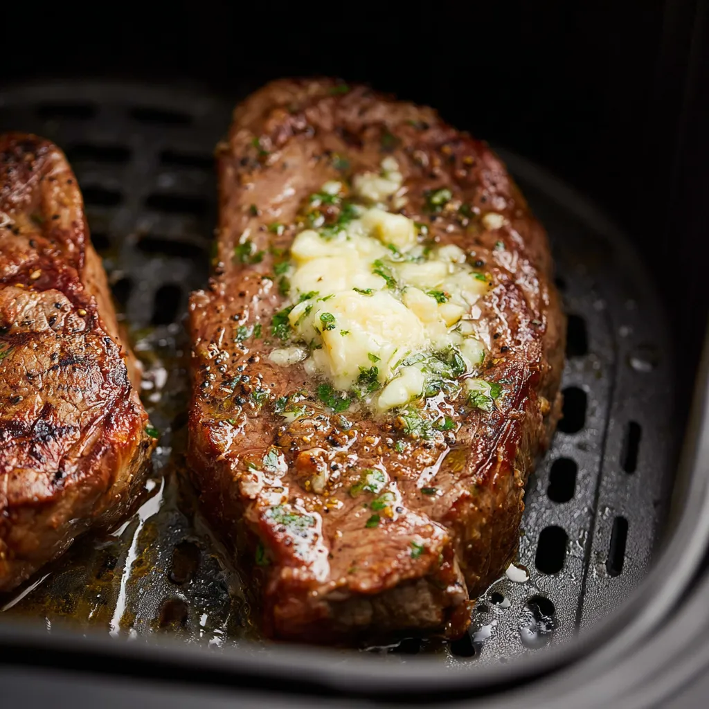 Two steaks cooking on a grill.