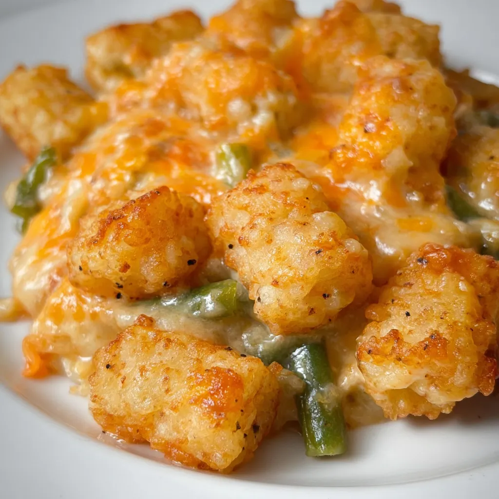 Cheesy tater tots and green beans together on a plate.