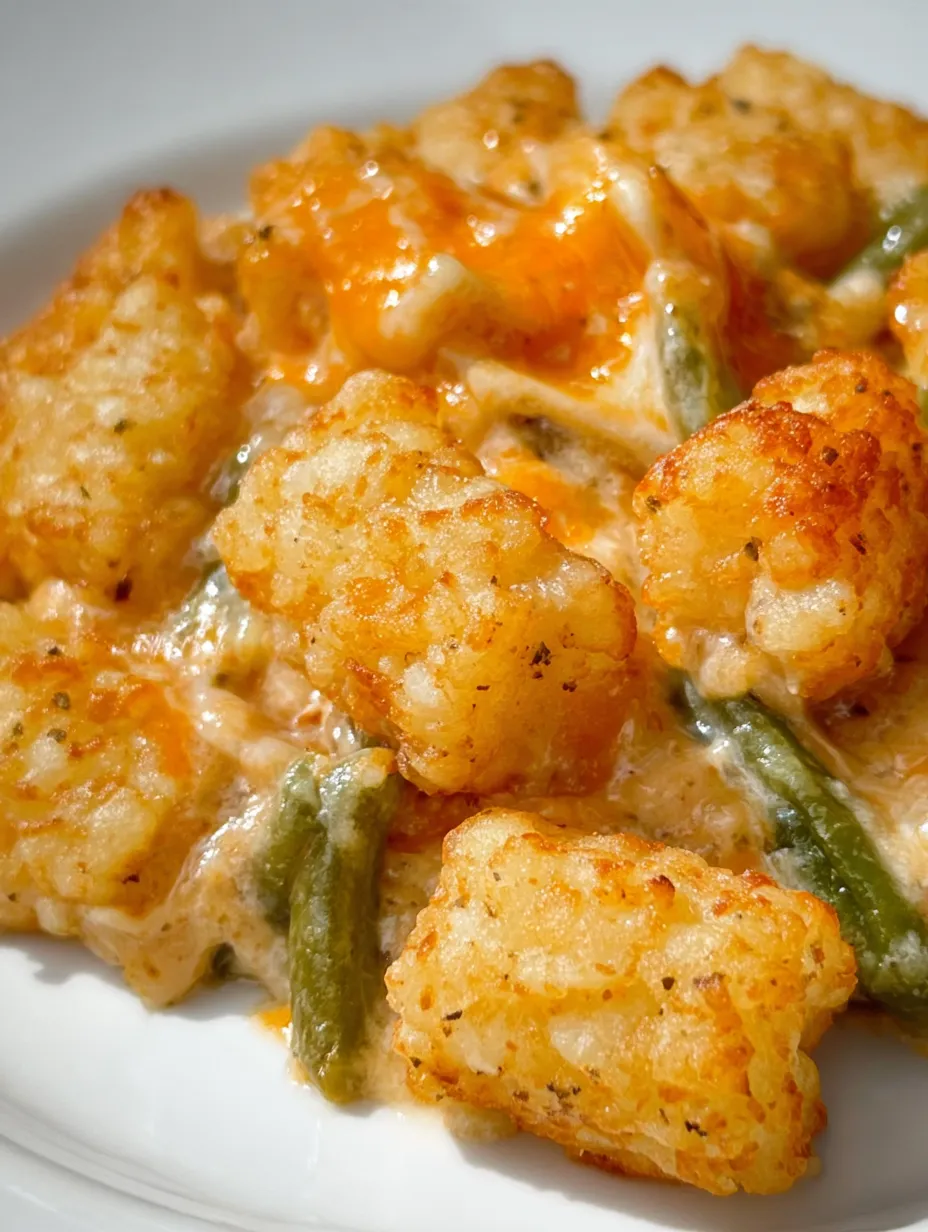 Cheesy green beans and tater tots stacked on a plate.