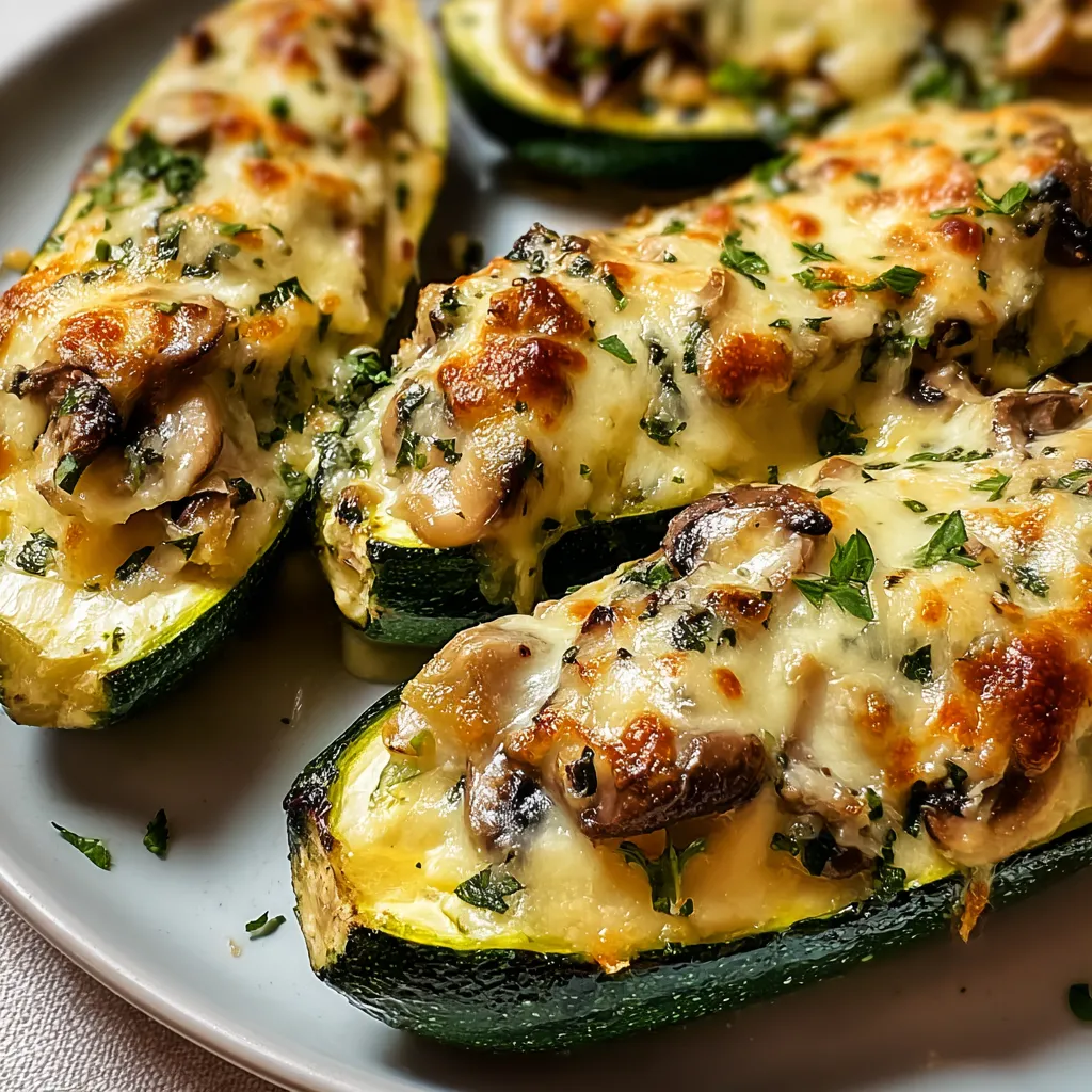 A plate of zucchini topped with mushrooms, herbs, and melty cheese.