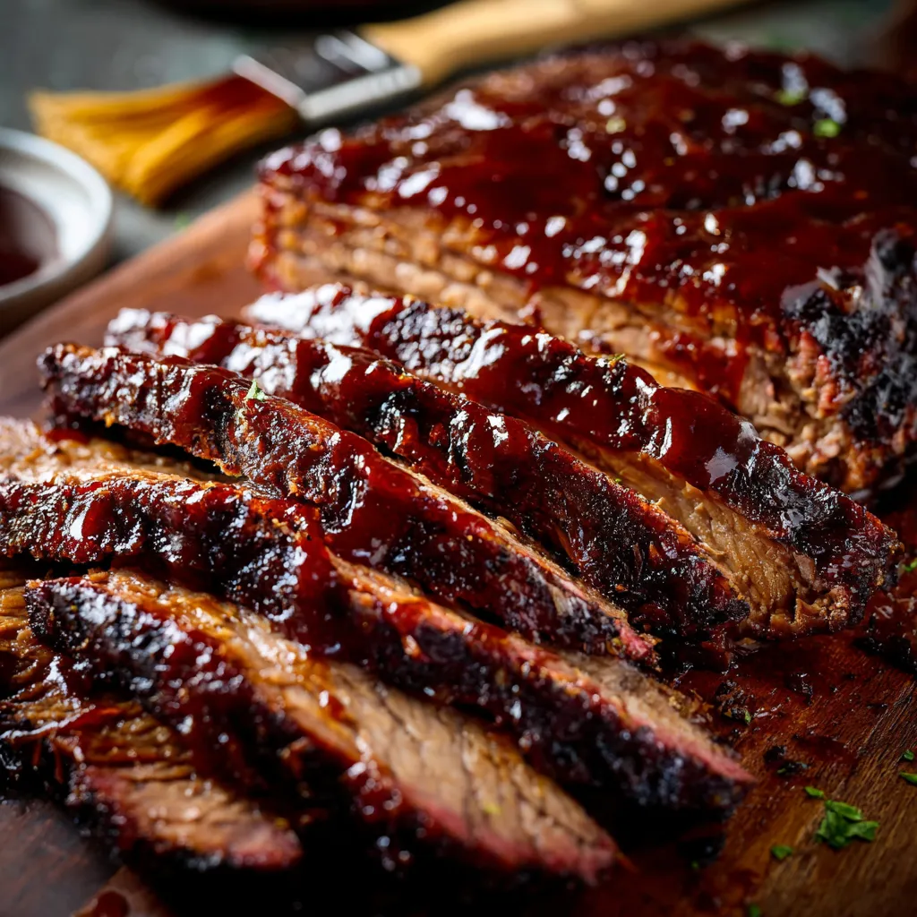 Sliced brisket on a wooden board up close.