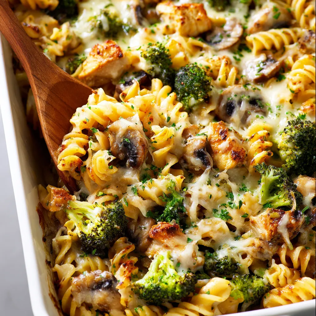 Chicken and broccoli pasta in a bowl.