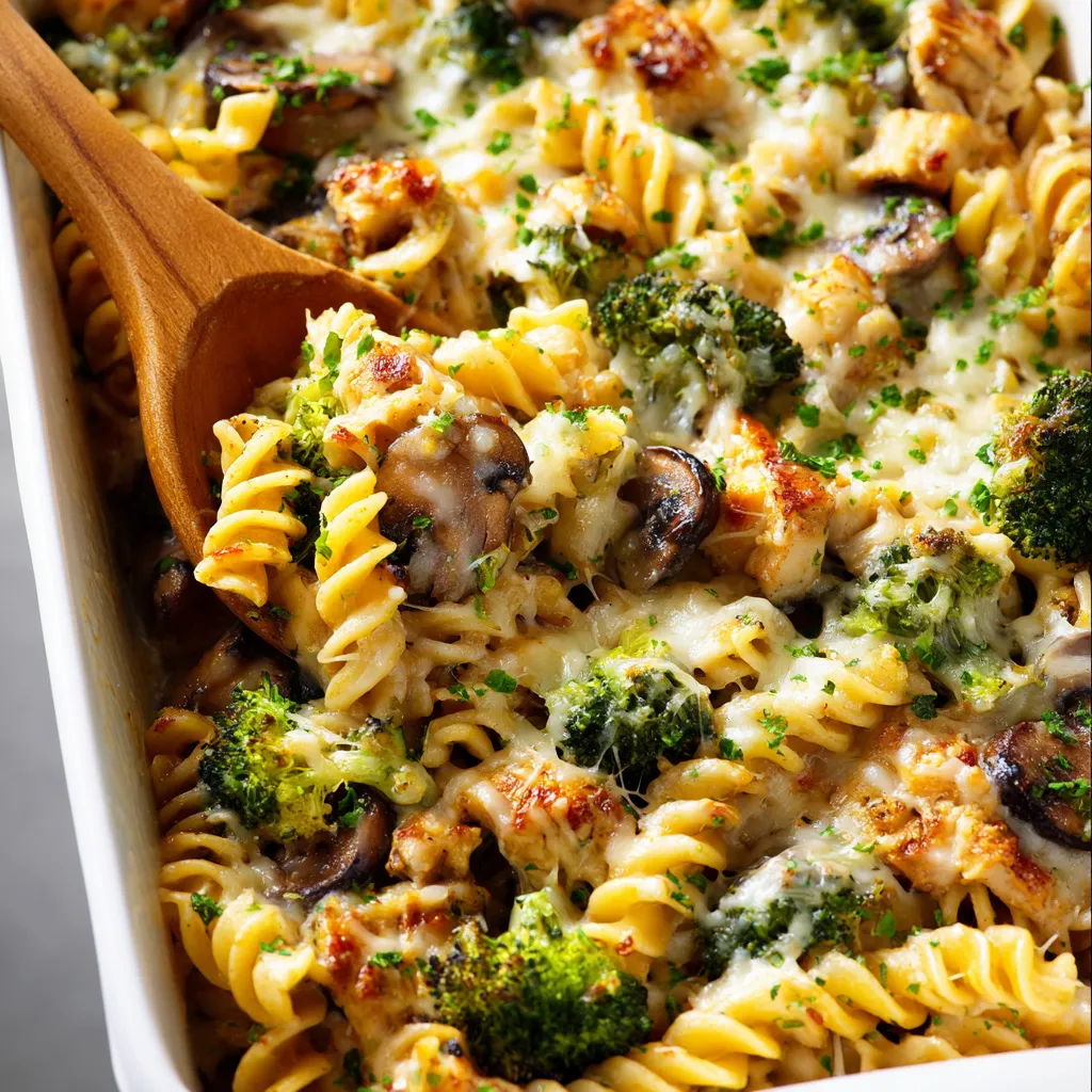 A bowl packed with pasta, mushrooms, and broccoli.