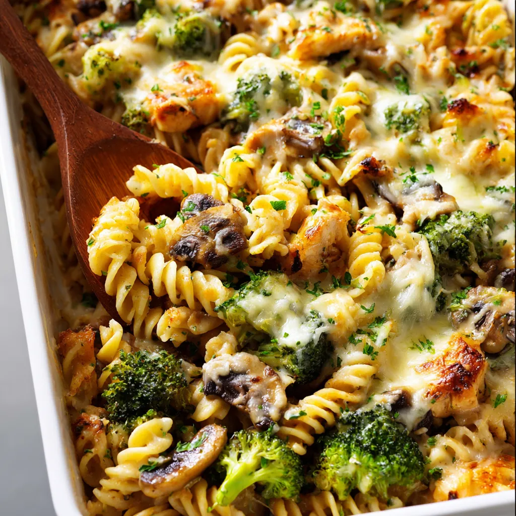 A bowl full of pasta, broccoli, and mushrooms.