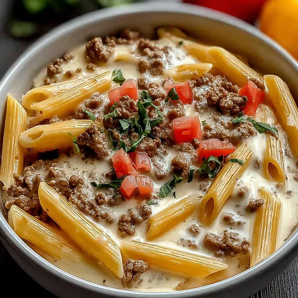 A bowl of pasta with meat and tomatoes.