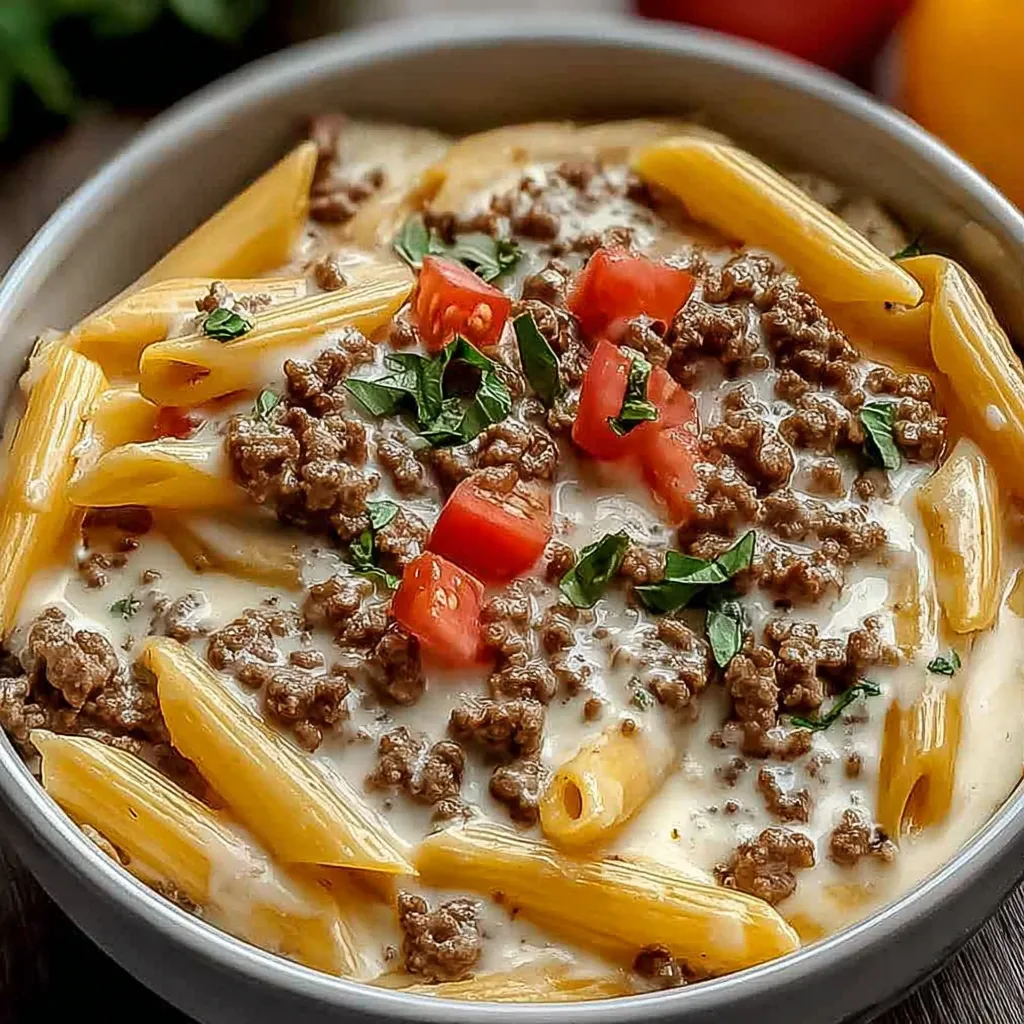 A bowl of pasta with meat and tomatoes.