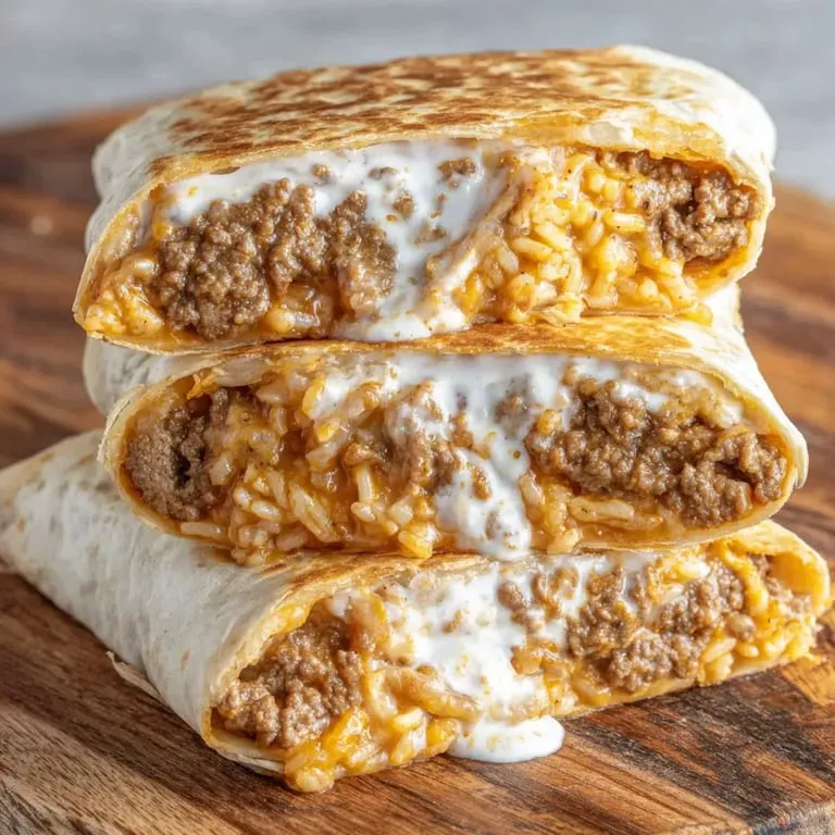 Burritos stacked up on a wooden table.