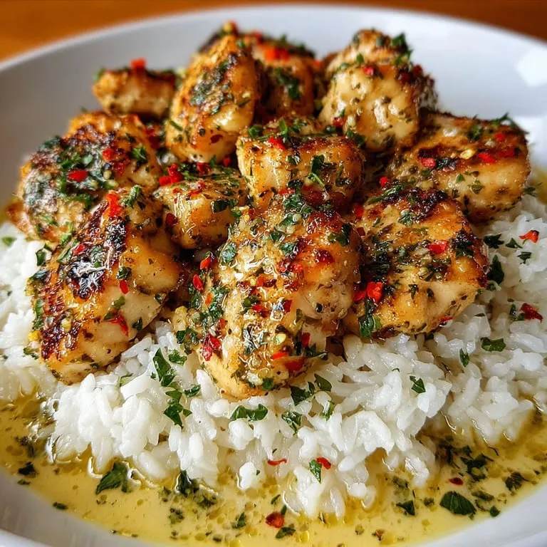 Chicken served on a bed of rice.