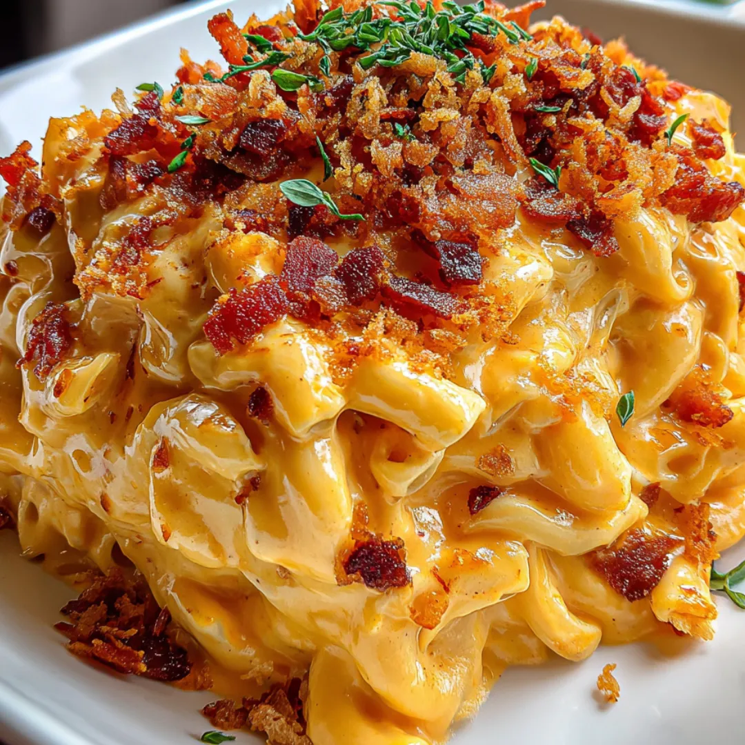 Plate with bacon and cheesy food.