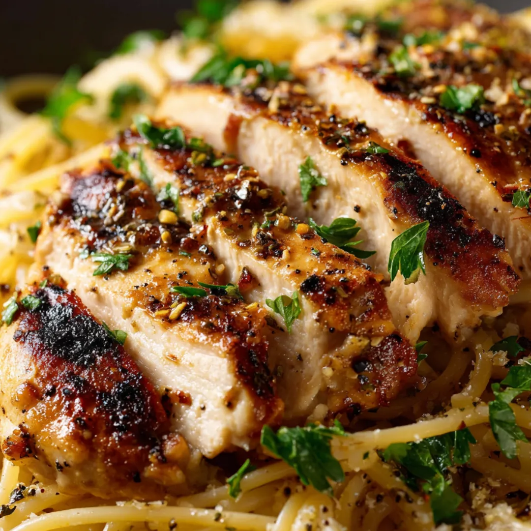 Plate of chicken and pasta dish.