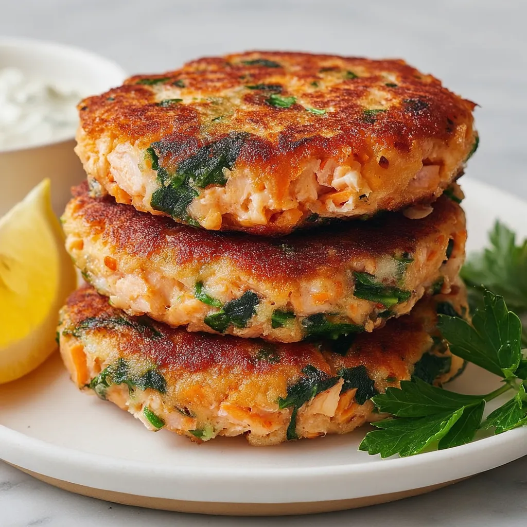 Stack of three patties topped with leafy greens.