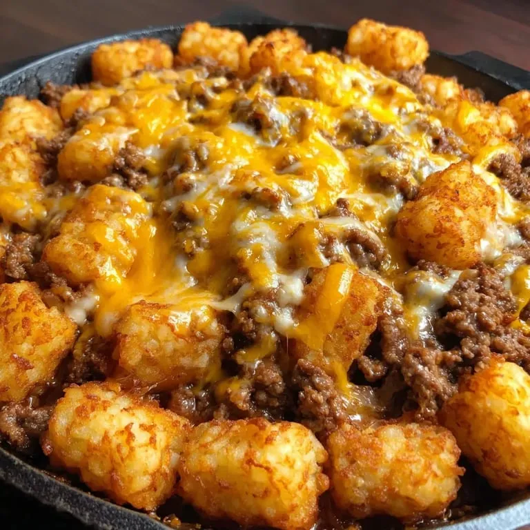 A pan filled with meat and crispy tater tots.