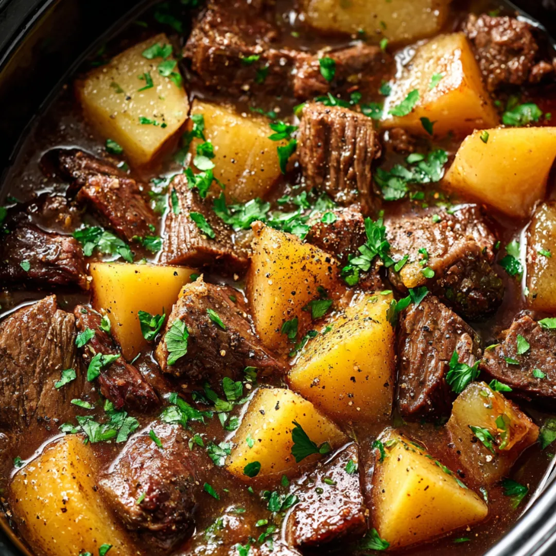 Beef stew with potatoes and green onions in a bowl
