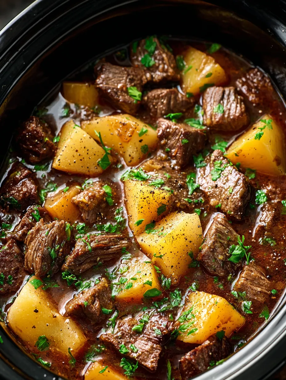 A bowl of beef stew with potatoes and herbs.