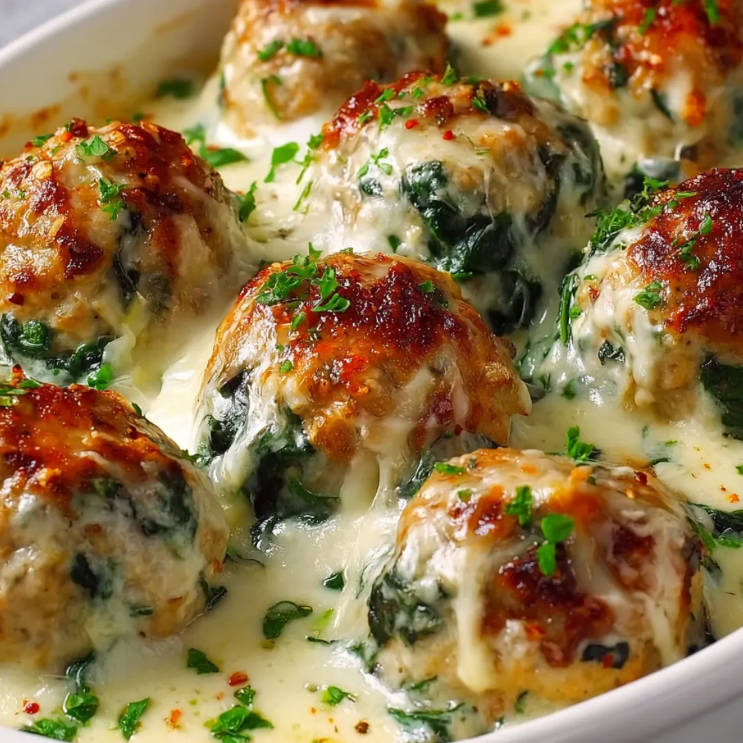 A bowl of food with meatballs and greens.