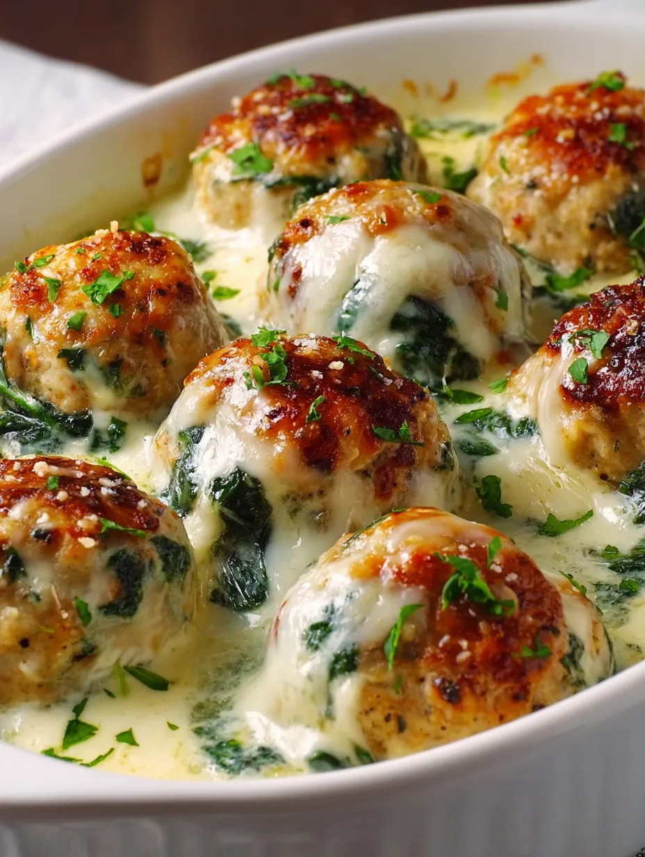 A bowl of meatballs covered in cheese and spinach.