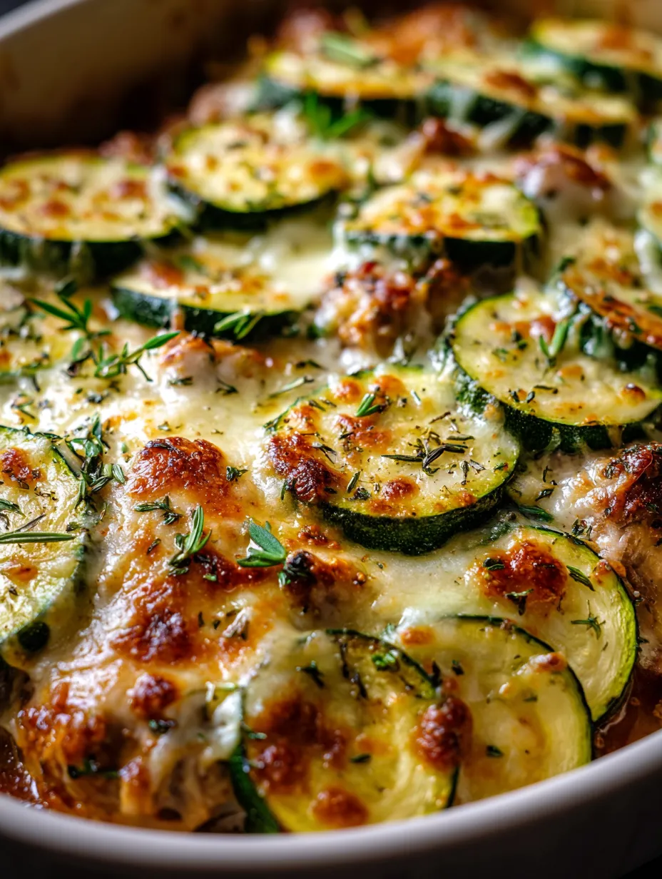 Close up of a cheesy zucchini chicken dish.
