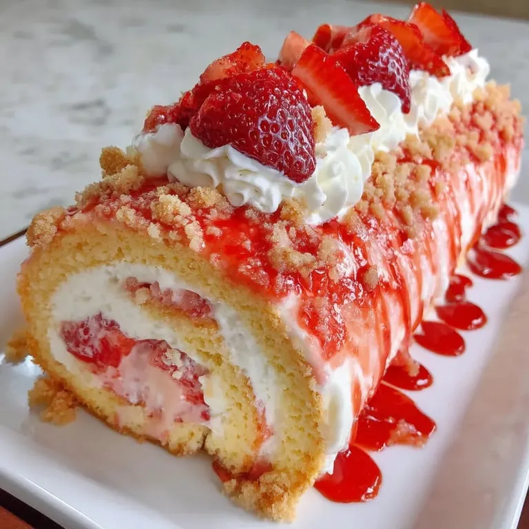 Cake with strawberries and whipped cream on top.