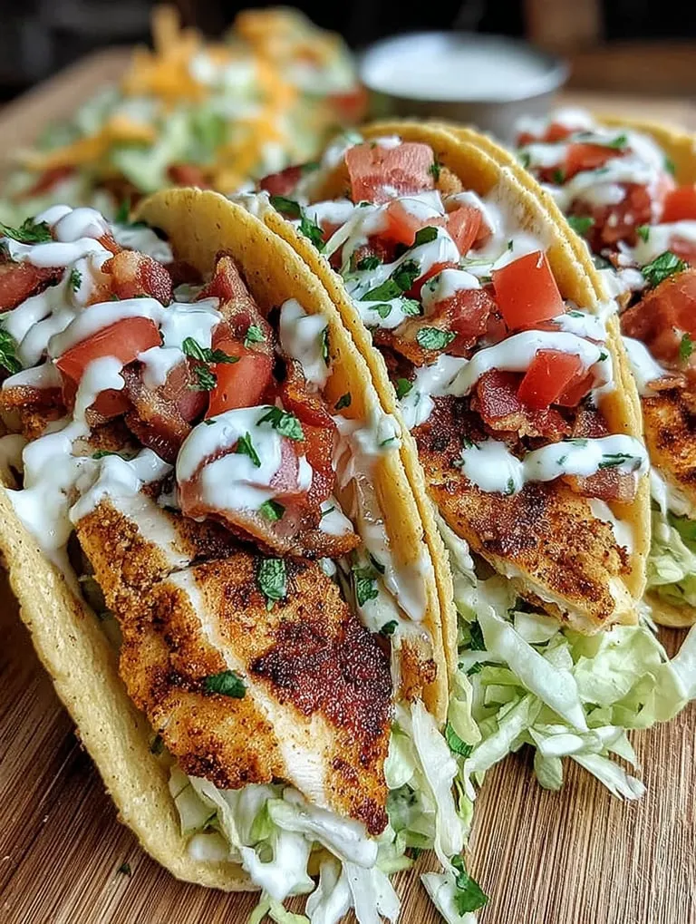 Two chicken tacos with tomatoes and lettuce.