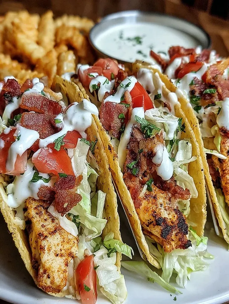 Two tacos with bacon and tomatoes on a plate.