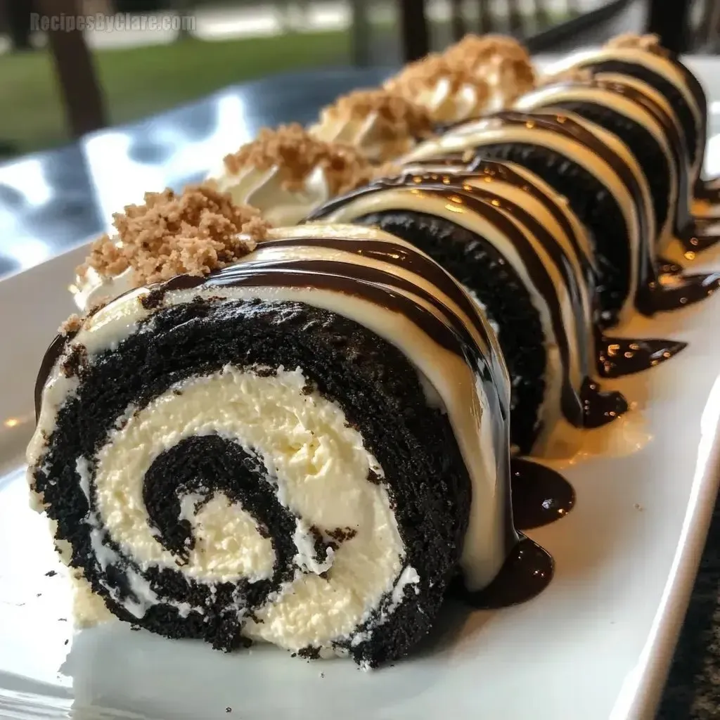 A plate showing a chocolate roll cake and a slice of cake.