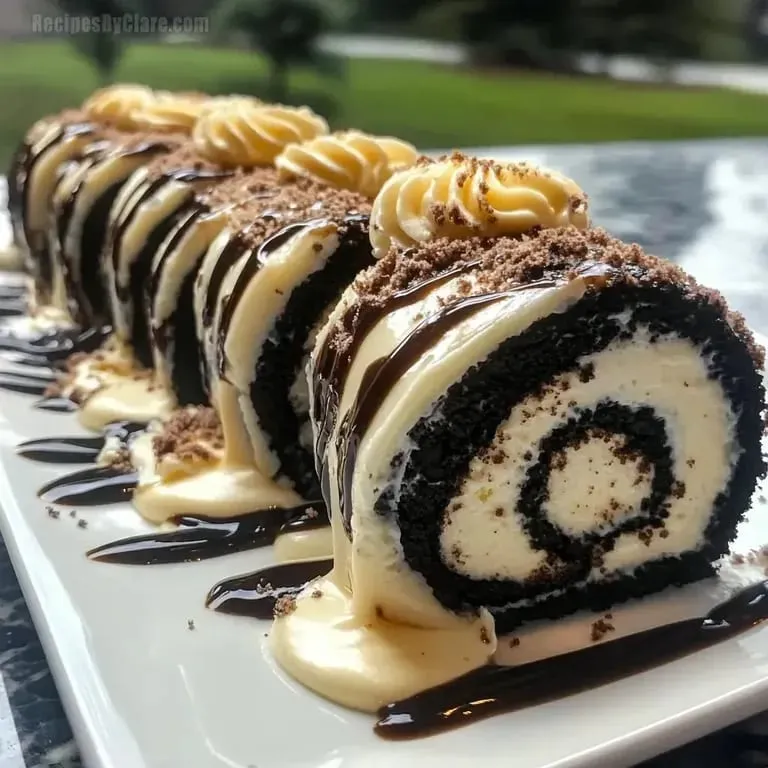 A plate of cake with chocolate and white frosting.