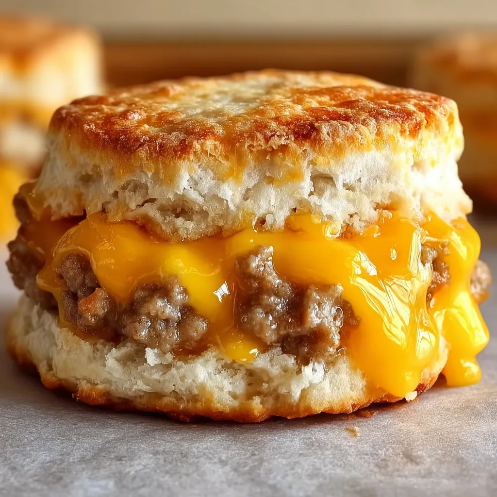 A sandwich with biscuits, sausage, and melted cheese.
