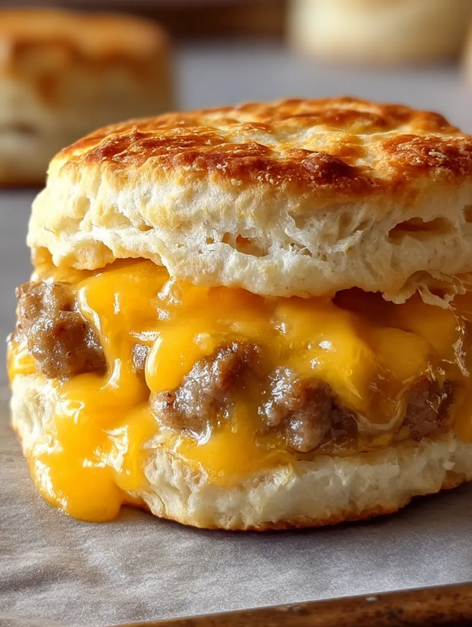 A biscuit sandwich with sausage and cheese.