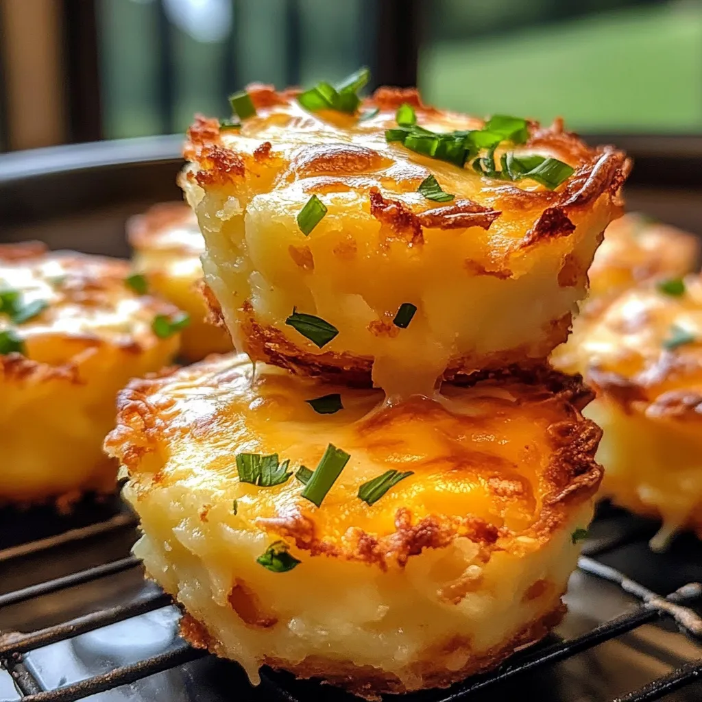 A tower of three cheese and herb muffins.