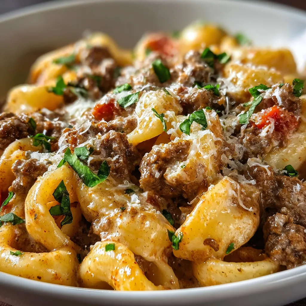 A bowl of pasta with meat and cheese.
