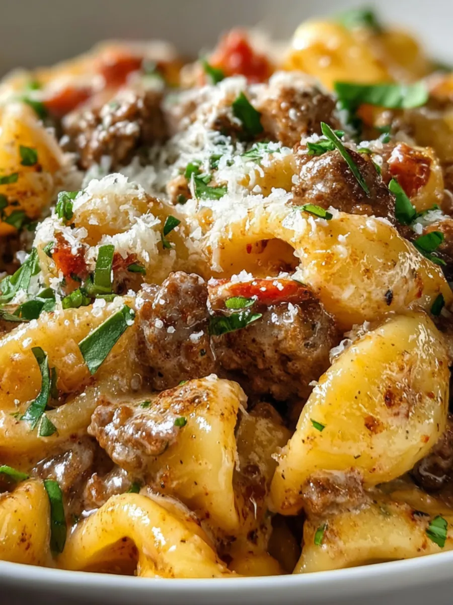 A plate of pasta with meat and cheese.