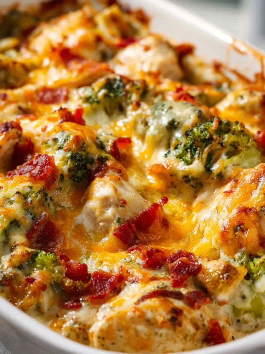 A close up of a delicious cheese and bacon covered broccoli casserole.