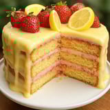 A slice of cake with strawberries and lemon.