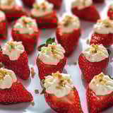 A plate of strawberries with whipped cream.