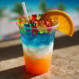 A cup of fruit juice with a slice of orange on top.