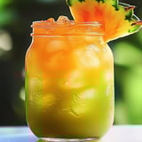 A glass of orange juice with a pineapple wedge in it.