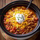 A bowl of chili with cheese and sour cream on top.