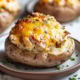 A baked potato with cheese and bacon on top.