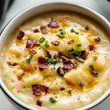 Soup bowl loaded with bacon pieces and sliced green onions.