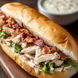 Sandwich stuffed with chicken and bacon on a soft bun.