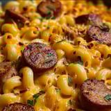 A plate loaded up with sausage and macaroni.