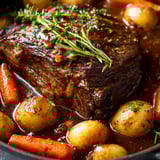 Tender beef, potatoes, and carrots plated for dinner.